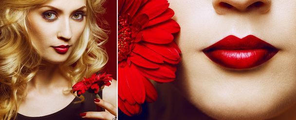 美しいセクシーな女性の顔のクローズ アップ、赤い唇、爪でメイク、 - 写真・画像