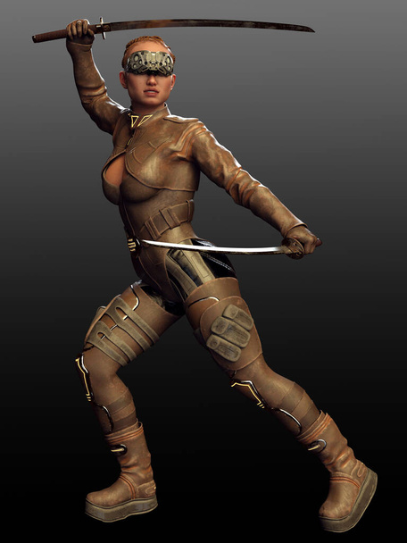 Sci Fi or Cyberpunk Warrior or Assassin with Katanas in Leather Armor - Φωτογραφία, εικόνα