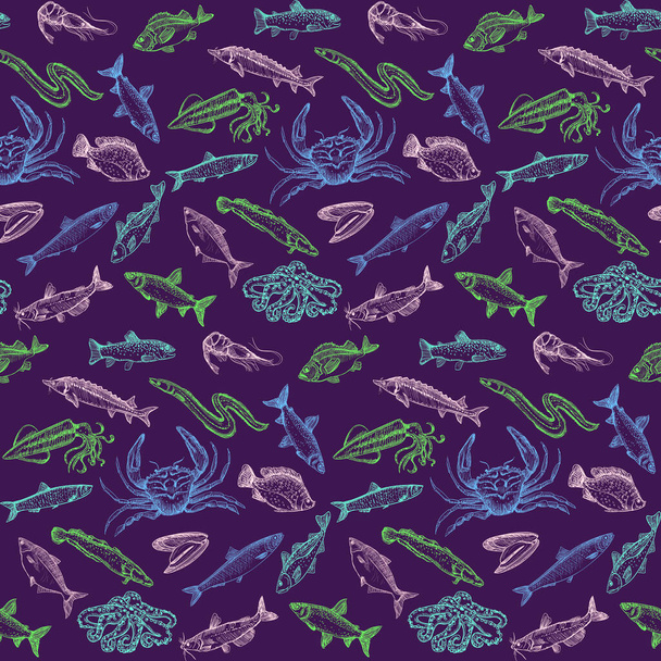 Marine style graphic seamless pattern with fish and crustaceans, vector sketch style pattern suitable for textile and web backdrop - Vector, Image