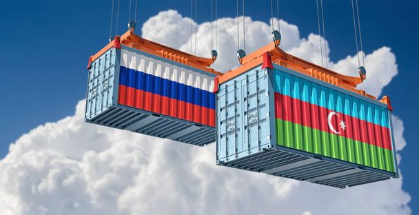 Cargo containers with Russia and Azerbaijan national flags. 3D Rendering - 写真・画像