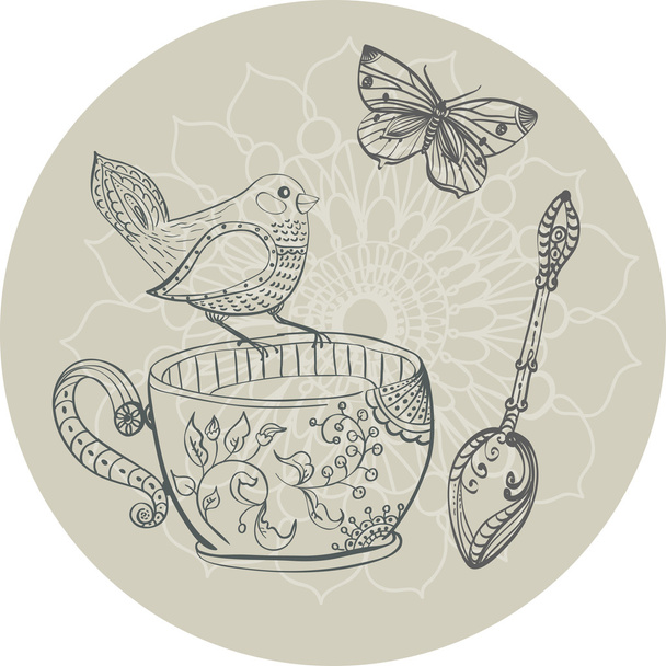 Tea time illustration with flowers and bird - Вектор,изображение