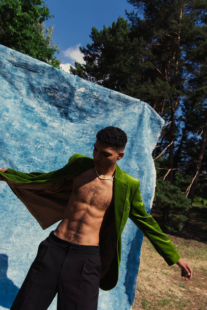 trendy african american man in green velvet blazer posing in park near blue drapery - 写真・画像