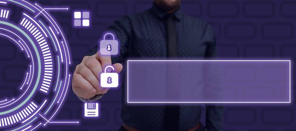 Adult Describing Business Security Lock System With Digital Background - Foto, Imagen