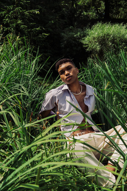 fashionable african american man sitting on green grass and looking at camera - Φωτογραφία, εικόνα