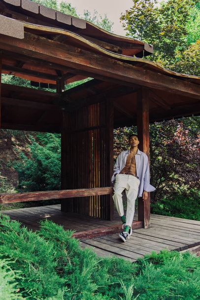 young african american man in stylish clothes posing in wooden gazebo in green park - 写真・画像