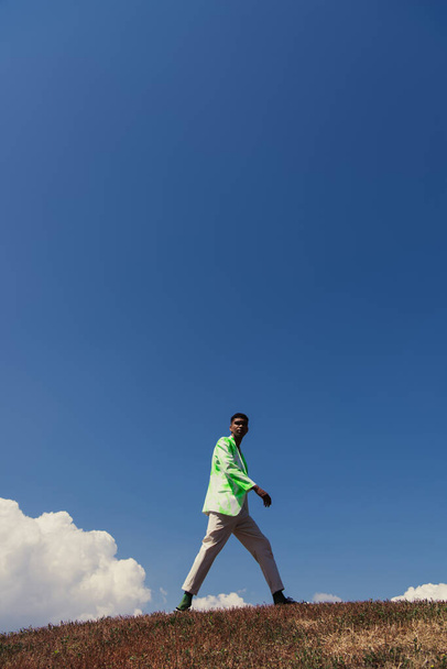 stylish african american man in summer outfit standing in green field under blue sky - Fotó, kép