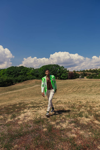 full length of stylish african american man walking in field with green trees  - Foto, Imagem
