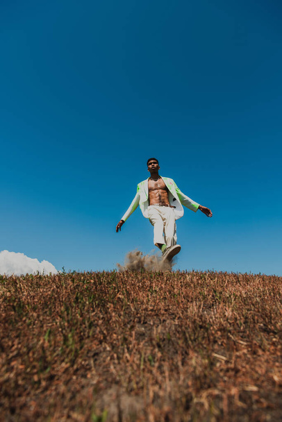 african american man in trendy summer outfit posing in field under blue sky - Fotografie, Obrázek
