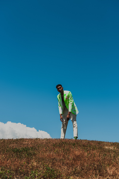 african american man in fashionable outfit standing in field under blue sky on summer day - Foto, afbeelding
