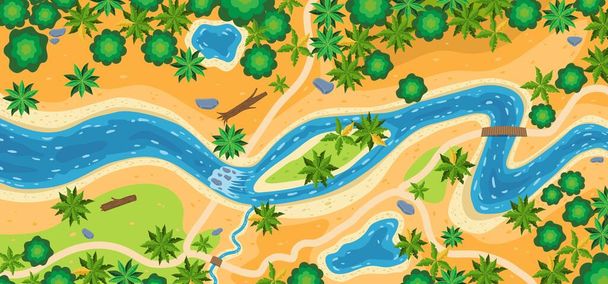 Forest landscape with river. Top view. Beautiful template with trees, shore and water. Colorful design element for mobile game interface or print. Map with canyon. Cartoon flat vector illustration - ベクター画像