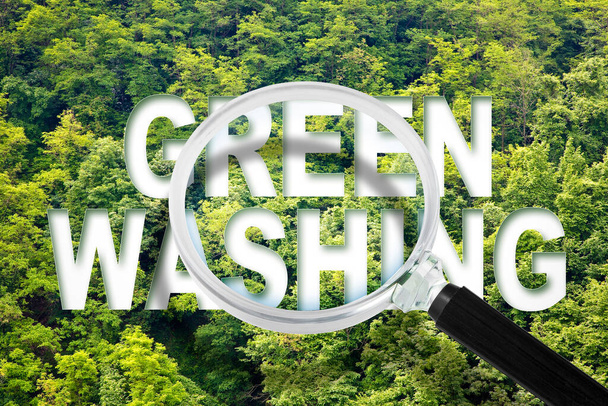 Figyelmeztetés a Greenwashing - koncepció szöveges ellen erdő és fák és nagyító üveg - Fotó, kép