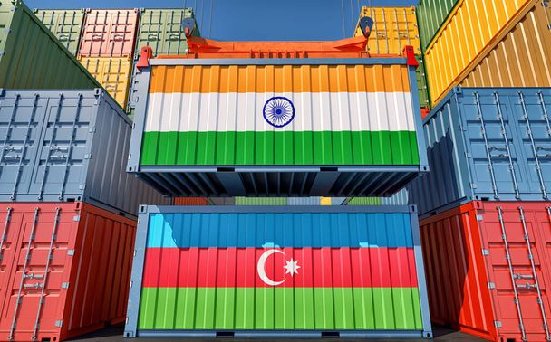 Rahtikontit Intian ja Azerbaidzanin kansallisilla lipuilla. 3D-renderointi - Valokuva, kuva