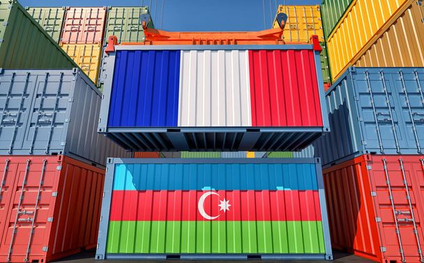 Cargo containers with France and Azerbaijan national flags. 3D Rendering - Фото, изображение