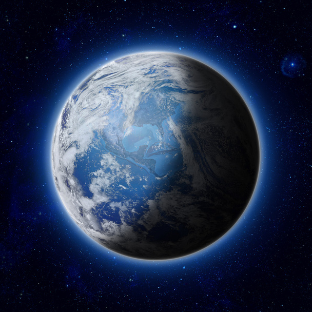 Blue Planet Earth avec quelques nuages et étoiles dans le ciel sombre. Amérique, États-Unis chemin du monde bleu mondial dans l'espace
. - Photo, image