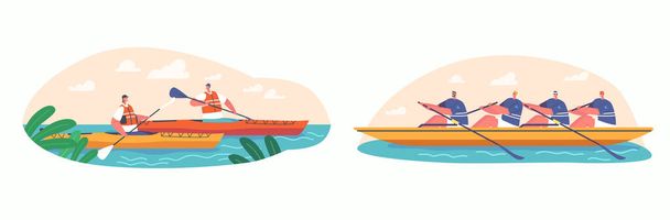 Kayaking, Jízda na kanoích nebo Rafting Sport Competition. Sportovci Veslování v kajacích, Extrémní aktivita, Mistrovství Vodní sporty Hry Dual Team Veslování. People Row In Boat Concept. Cartoon Vector Illustration - Vektor, obrázek