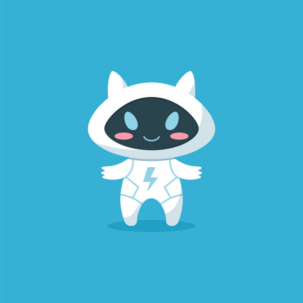 White cartoon robot with cats ears and lightning symbol on suit flat style, vector illustration isolated on blue background. Cute smiling character, pink cheeks - Вектор,изображение