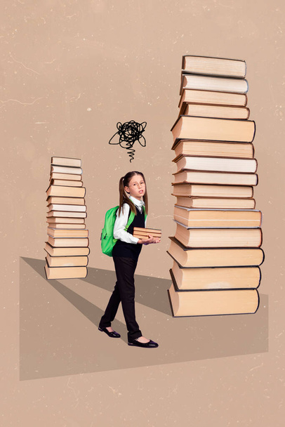 Vertical collage portrait of small girl walk near huge book pile stack exhausted brain isolated on creative background. - Фото, зображення