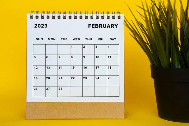Şubat 2023 masa takvimi ve sarı arka planda masa bitkisi. Takvim kavramı - Fotoğraf, Görsel