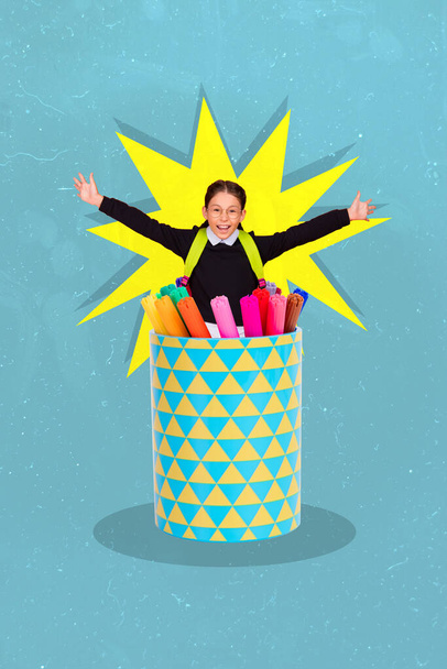 Vertical collage picture of excited funky small girl inside colorful markers cup isolated on creative background. - Foto, Imagen