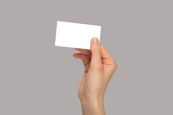 Empty card in woman hand. Copy space.  Grey background.  - Zdjęcie, obraz