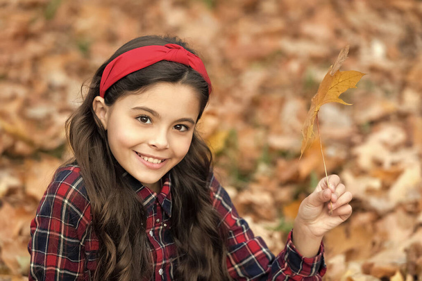 happy child face in school uniform hold autumn maple leaf outdoor, september. - Foto, immagini