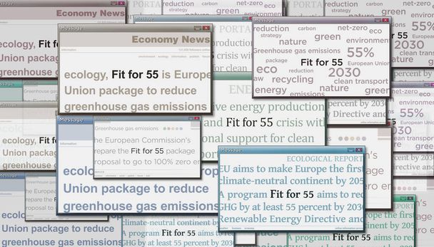 Headline news across international media with Fit for 55 green deal reduce the greenhouse gas emissions. Abstract concept of news titles on noise displays. TV glitch effect 3d illustration. - Photo, image