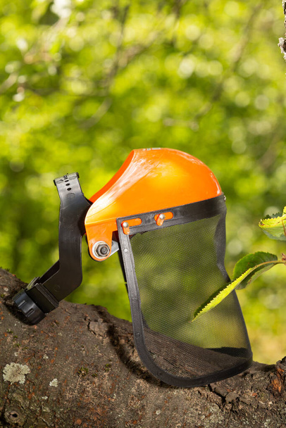 Safety Mesh visor face shield Industrial Protective Face Mask lies on a tree - 写真・画像