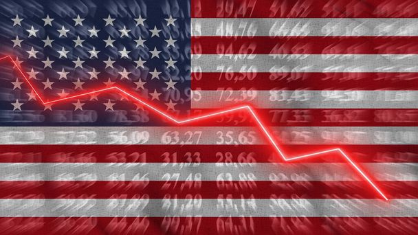United States of America financial reduce, Economic reduce, Up arrow in the chart against the background flag, 3D rendering, Illustration - Foto, afbeelding