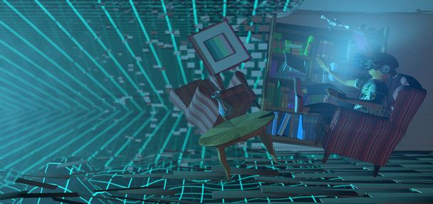 Young man seen from the side wearing virtual reality glasses with blue light jumping on an old armchair that floats in his room that disintegrates with virtual space background. 3D Illustration - Foto, Imagen