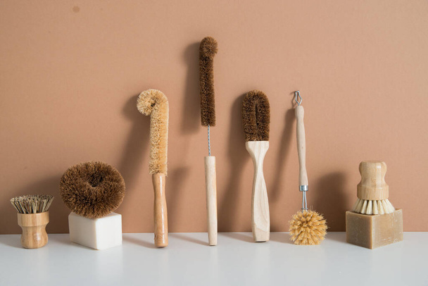 set of zero waste bamboo brushes for dishwashing. High quality photo - Photo, Image
