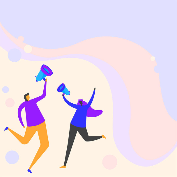 An illustration of people holding megaphones on a colorful background - announcement background - Vektör, Görsel