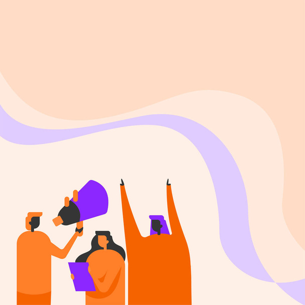 An illustration of people raising cardboard and megaphone on a colorful background - announcement background - Wektor, obraz
