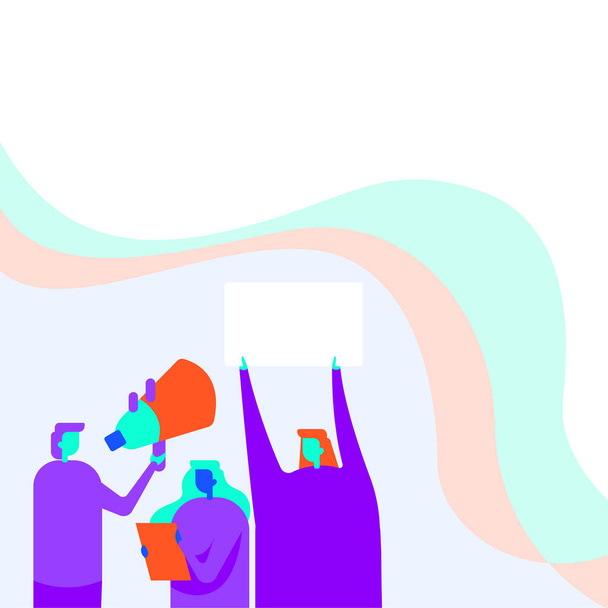 An illustration of people raising cardboard and megaphone on a colorful background - announcement background - Vektör, Görsel