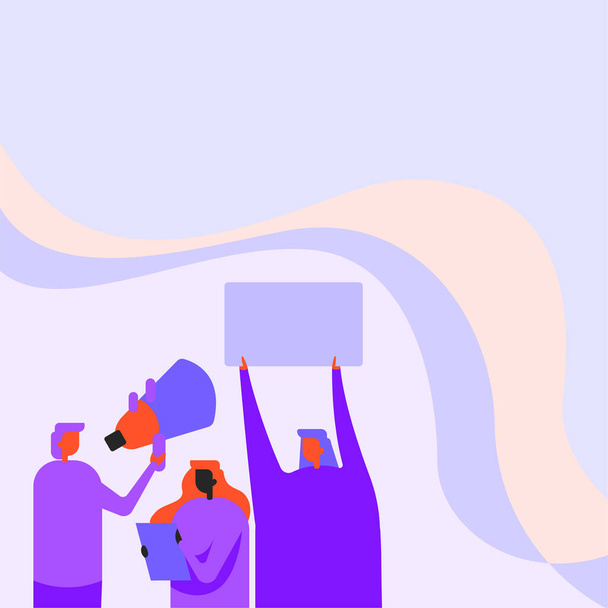 An illustration of people raising cardboard and megaphone on a colorful background - announcement background - Vektör, Görsel