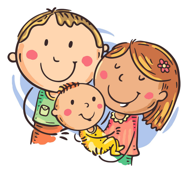 Rajzfilm firka szülők ölelés gyermek, anya és apa ölelés fia, kézzel rajzolt vektor illusztráció - Vektor, kép