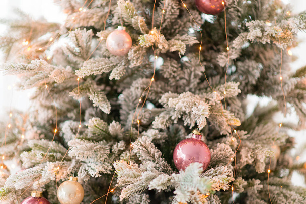 Christmas background,  pine branches festive background. Creative composition with border and copy space. Christmas decoration with bokeh lights from light bulbs - Foto, afbeelding
