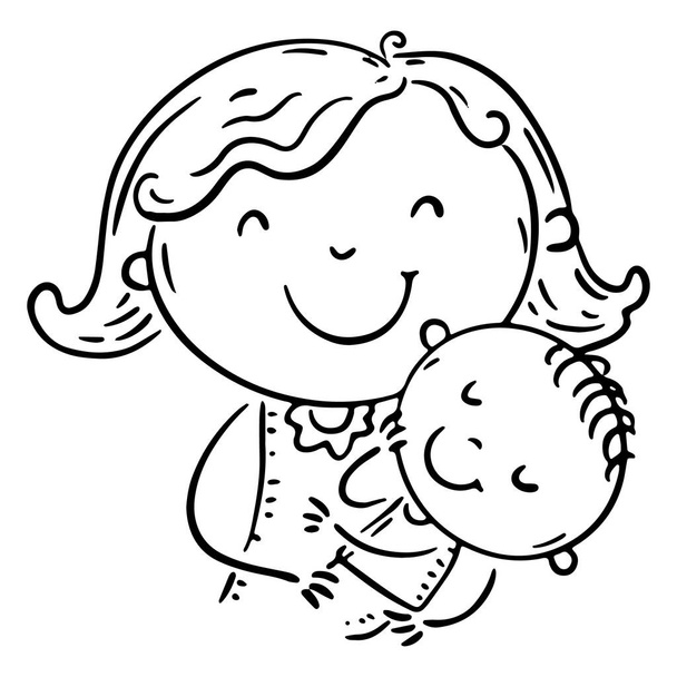 Doodle family clipart - mother embracing baby, outline vector illustration - Vecteur, image