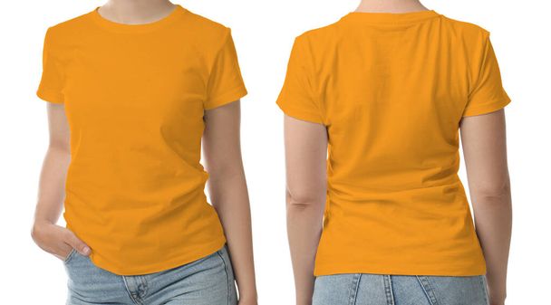 Woman wearing orange t-shirt on white background, back and front view. Mockup for design - Fotó, kép