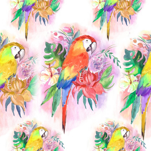 Harlequin Macaw, parrot in tropical leaves and flowers, green parrot sitting on a branch isolated on white background. Realistic watercolor. Illustrated. Template. Clip art. Hand drawn. Hand painted - Foto, Bild