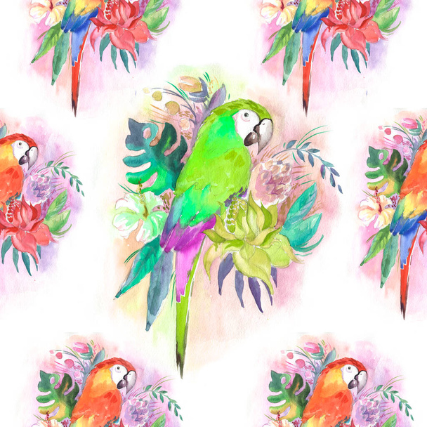 Harlequin Macaw, parrot in tropical leaves and flowers, green parrot sitting on a branch isolated on white background. Realistic watercolor. Illustrated. Template. Clip art. Hand drawn. Hand painted - Fotografie, Obrázek