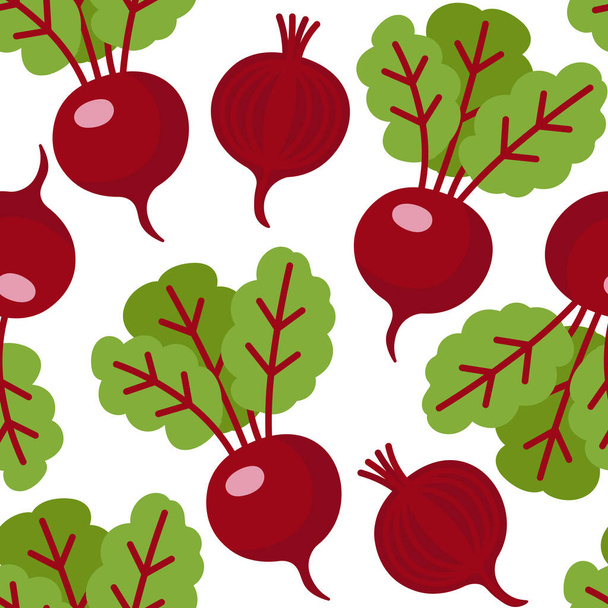 Vector seamless pattern red vegetable beetroot with leaves on white background. - Vector, Image