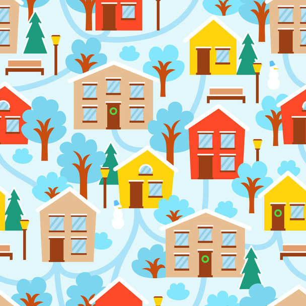 Zima uroczysta płaska mapa miasta z małymi domkami. Boże Narodzenie miasto ze ścieżkami i drzewami płynny wzór. - Wektor, obraz