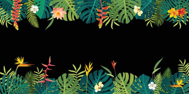 Hawaiian Balinese Polinesian Summer beautiful jungle exotic leaves border frame. Botanical summer design. Hibiscus, heliconia, bird of paradise, plumeria flowers. Monstera tropical plants illustration - Vector, Image