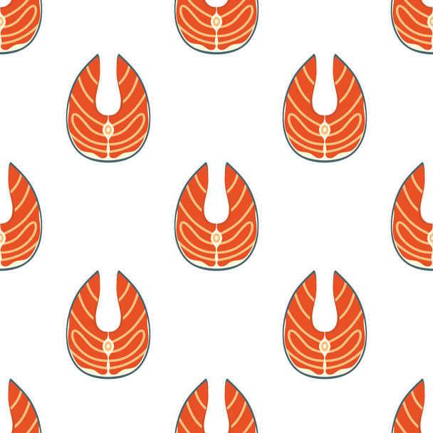 seamless pattern with cartoon steak salmon, vector illustration slice of fish for grill on white background - ベクター画像