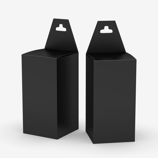 Μαύρο ορθογώνιο χάρτινο κουτί συσκευασίας με κρεμάστρα, διαδρομή αποκοπής εγώ - Φωτογραφία, εικόνα