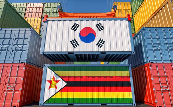Zimbabwe ve Güney Kore bayraklı kargo konteynerleri. 3B Hazırlama - Fotoğraf, Görsel