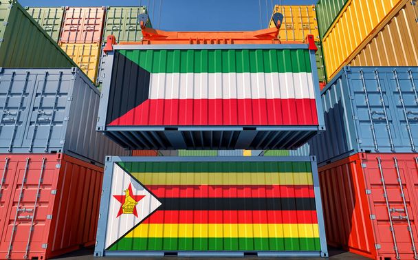 Cargo containers with Zimbabwe and Kuwait national flags. 3D Rendering - Фото, изображение