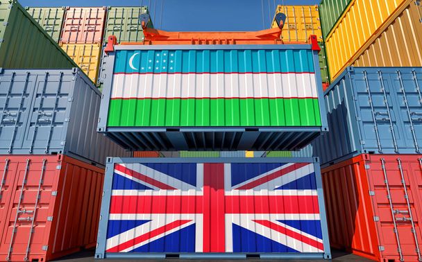 Cargo containers with Uzbekistan and United Kingdom national flags. 3D Rendering - Foto, imagen