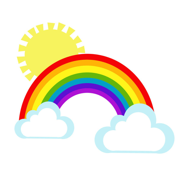 Illustrazione piatta del cartone animato dell'arcobaleno con sole e nuvole - Vettoriali, immagini