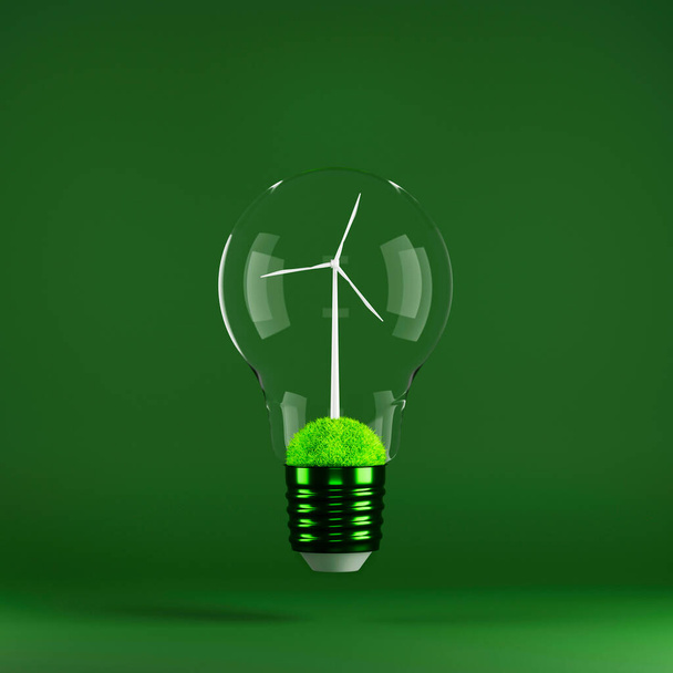 Wind turbine inside light bulb on green background. Concept of energy saving, eco-friendly technologies and sustainable lifestyle. - Photo, Image